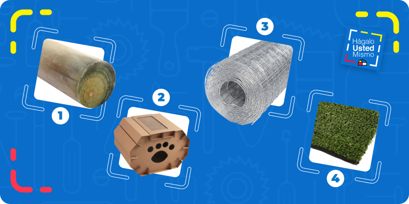 selección de productos para construir un patio para gatos: polines, casa para gatos con rascador, malla acma galvanizada y rollo de pasto sintético.
