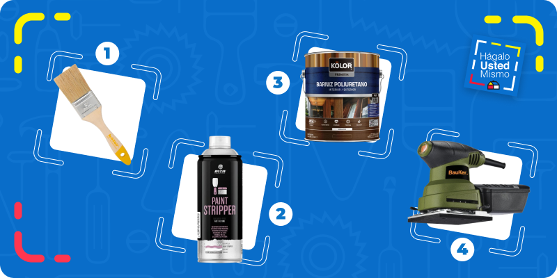 selección de productos para renovar una mesa de madera con barniz: brocha, decapante, barniz poliuretano y lijadora de palma.