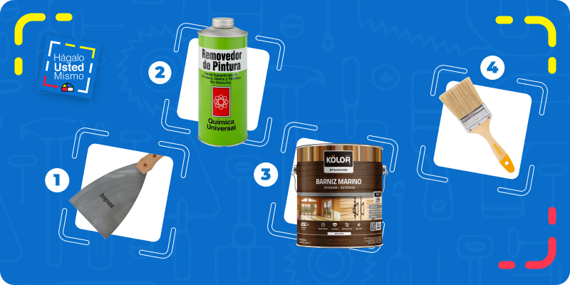 selección de productos para renovar el barniz de vigas y pilares de madera: espátula, removedor de pintura, barniz marino y brocha.