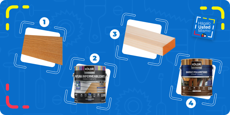 selección de productos para hacer un cortavista de siding de fibrocemente: siding, pintura impermeabilizante para fibrocemento, pino seco cepillado y stain lasur.