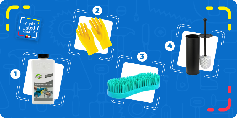 selección de productos para quitar el sarro de un WC: removedor de sarro, guantes amarillos, cepillo y escobilla.