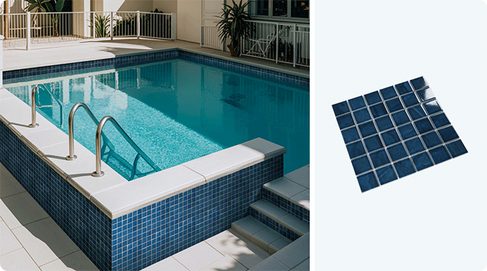 una piscina decorada con mallas mosaico.