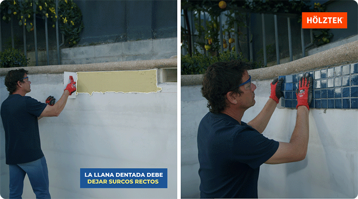 un hombre aplica el adhesivo en el interior de la piscina y luego instala las mallas mosaico.