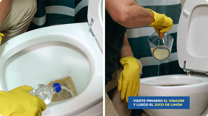 un hombre aplica vinagre y limón en un sanitario para quitar el sarro.