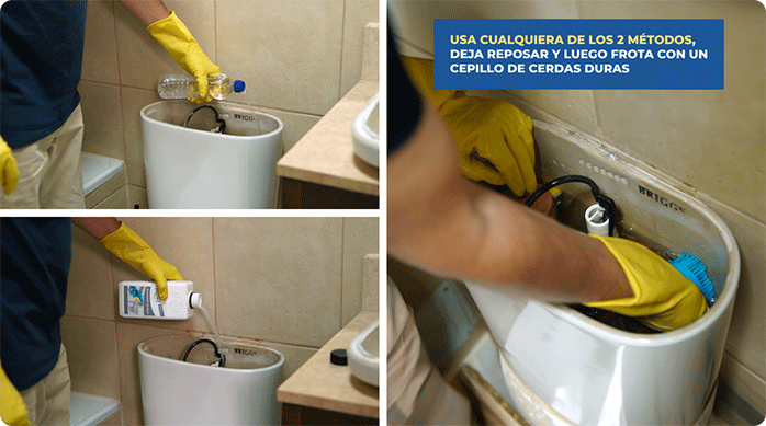 un hombre aplica vinagre y removedor de sarro en el estanque de un sanitario para eliminar el sarro.