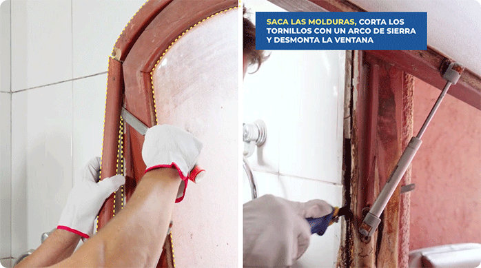 un hombre usa un formón para desmontar el marco de una ventana de madera y un arco de sierra para cortar los tornillos que lo unen al vano.