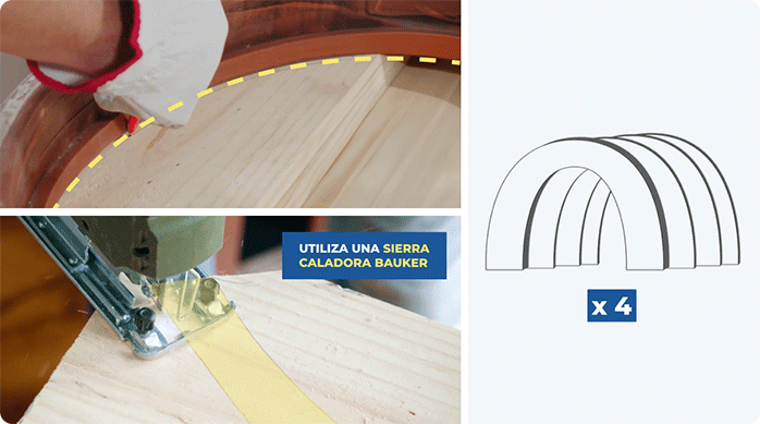 un hombre marca y corta unos arcos de madera usando una sierra caladora.