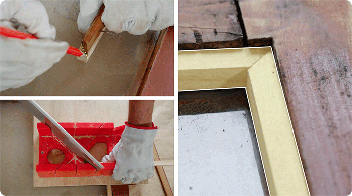 una persona marca y corta junquillos con una caja de ingletes para renovar los antiguos del marco de ventana.