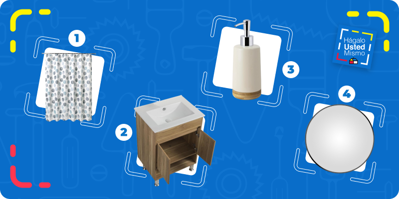 selección de productos para renovar un baño sin obras: cortina para baño, mueble vanitorio, dispensador para jabón y espejo redondo.