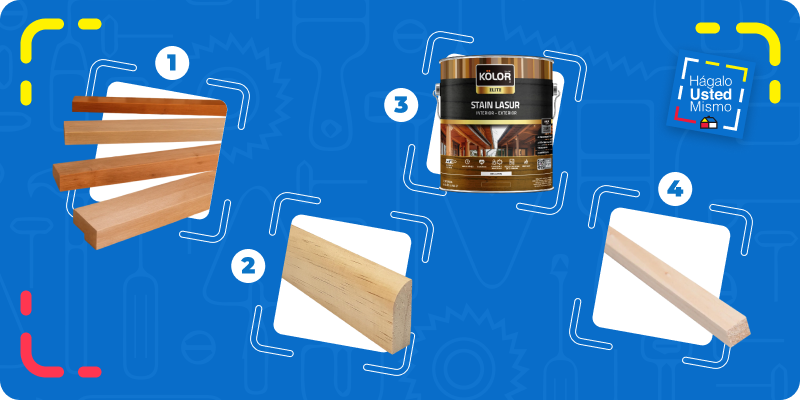 selección de productos para renovar un marco de ventana: pino finger, guardapolvos, stain lasur y junquillos.
