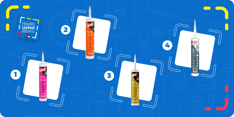 selección de productos para reparar grietas y junturas en una casa: sellador para baño y cocina Lanco, sellador Poliflex, sellador Acrylic Plus y sellador vinílico flexible.