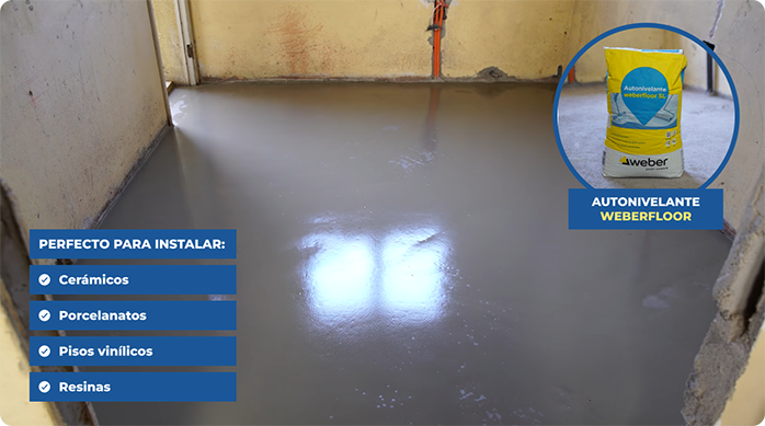 un piso que acaba de ser nivelado con el autonivelante weberfloor.