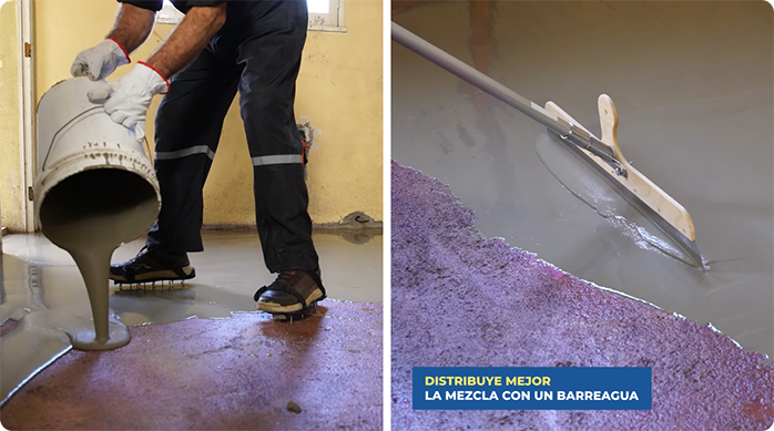 un hombre vierte la mezcla de autonivelante weberfloor en el piso y la distribuye con un barreagua.