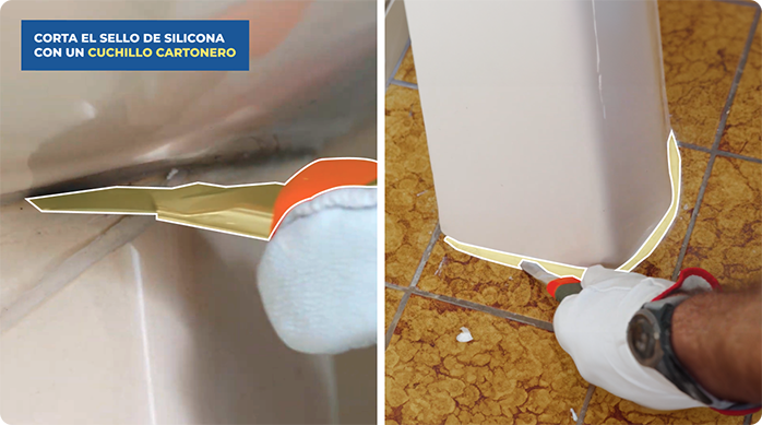 un hombre corta el sello de silicona de un lavamanos con un cuchillo cartonero.