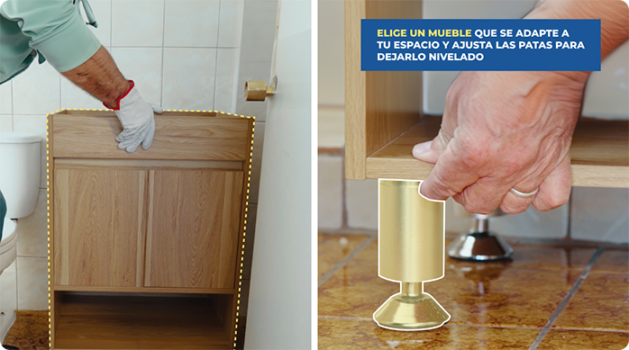un hombre presenta el nuevo mueble vanitorio en el lugar y lo nivela moviendo sus patas.