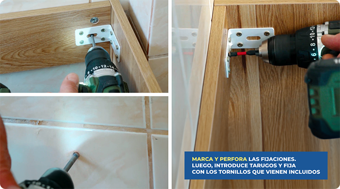 un hombre marca las fijaciones del mueble vanitorio en el muro del baño y luego fija el mueble con los tornillos que vienen incluidos.