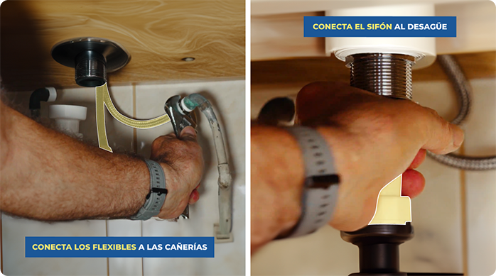 un hombre conecta los flexibles de agua del lavamanos en las cañerías y conecta el sifón en el desagüe