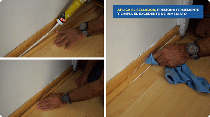 un hombre aplica el sellador vinílico flexible de lanco en un muro para pegar una moldura o guardapolvo suelto.