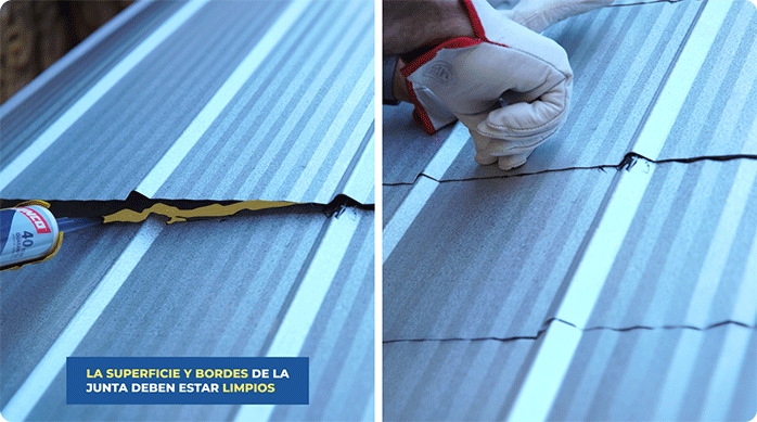 un hombre aplica sellador polyflex de lanco en un techo para sellar una juntura.