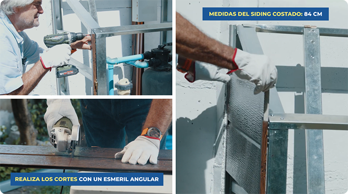 un hombre reviste la estructura de metal con siding metálico para crear una caseta para esconder la bomba de la piscina.