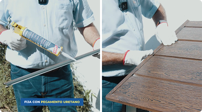 un hombre aplica pegamento uretano en un perfil de término y lo pega en el siding metálico.