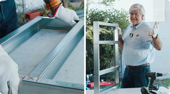 un hombre construye las puertas de la caseta para esconder la bomba de la piscina con perfiles metálicos.