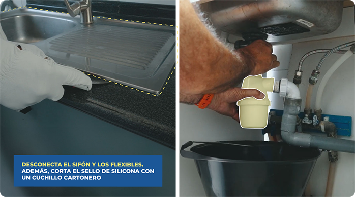 un hombre corta el sello de silicona de un lavaplatos con un cuchillo cartonero y desenrosca el sifón.