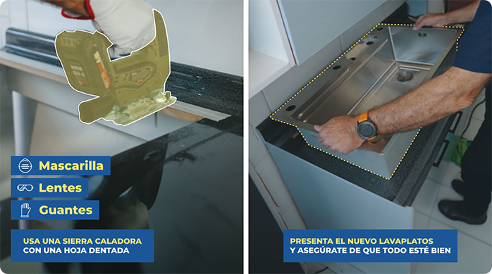 un hombre corta la cubierta del lavaplatos con un sierra caladora y presenta el nuevo lavaplatos en el lugar.