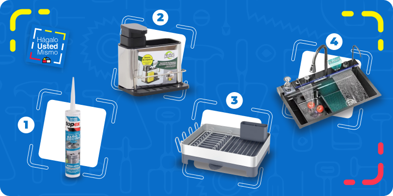 selección de productos para cambiar un lavaplatos: silicona para baño y cocina, dispensador de jabón, escurridos y lavaplatos Sensi Dacqua.