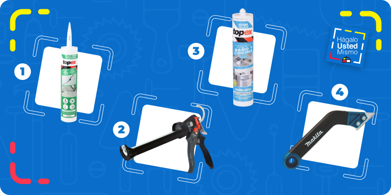 selección de productos para reparar fragües, siliconas y sellantes: sellador multiuso, pistola calafatera, silicona para baño y cocina y removedor de fragüe.