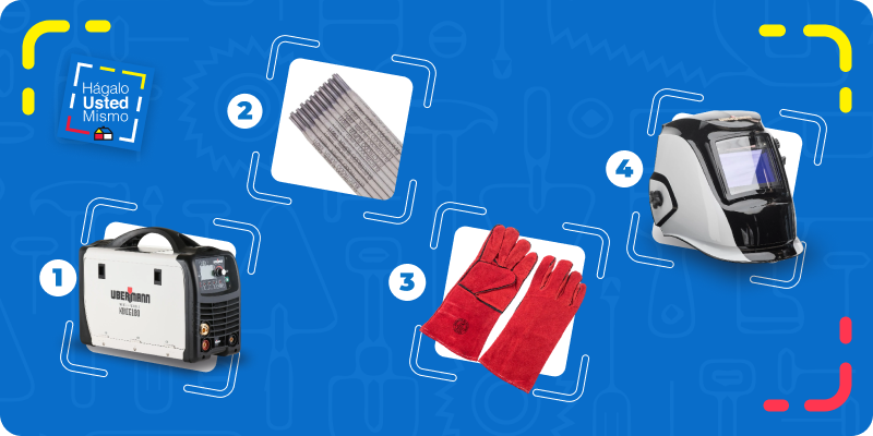 selección de productos para aprender a usar una soldadora: soldadora arco manual y mig, electrodos, guantes de descarne para soldar y máscara para soldar.