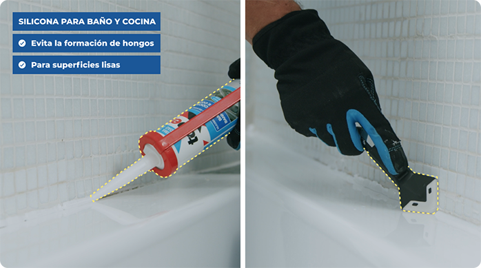una persona aplica silicona para baño en la ducha y luego la alisa con un removedor de silicona.