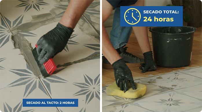 un hombre aplica fragüe nuevo en un piso de cerámica y luego limpia los excedentes con una esponja amarilla.
