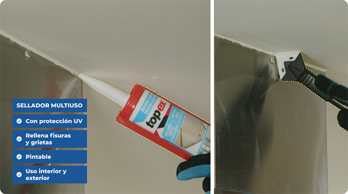 una persona aplica sellador multiuso en la juntura de un ducto de ventilación con el muro y luego lo alisa con un removedor de silicona.