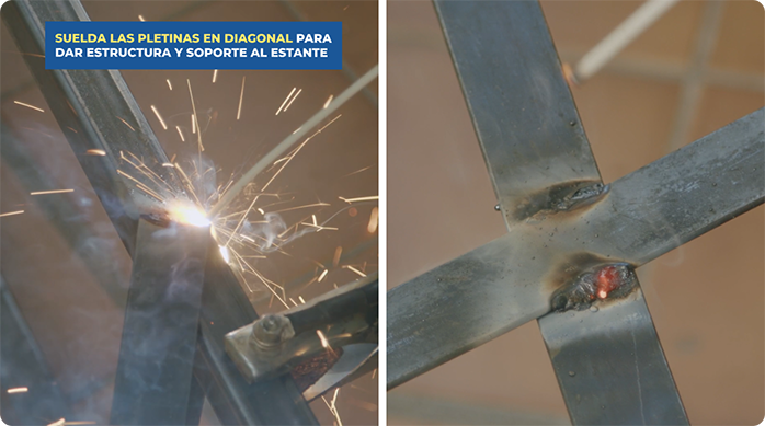 una persona suelda pletinas metálicas en vertical para dar más firmeza a la estructura del estante.