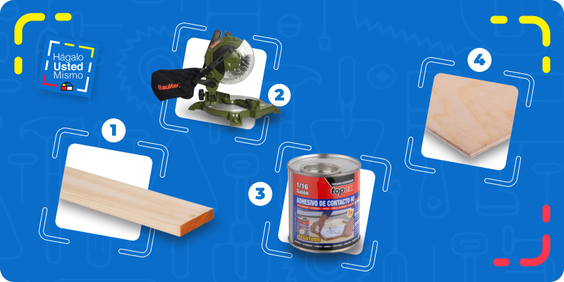 selección de productos para hacer un baúl organizador: pino seco cepillado de 1 x 4", sierra ingleteadora, adhesivo de contacto y terciado de 9 mm.