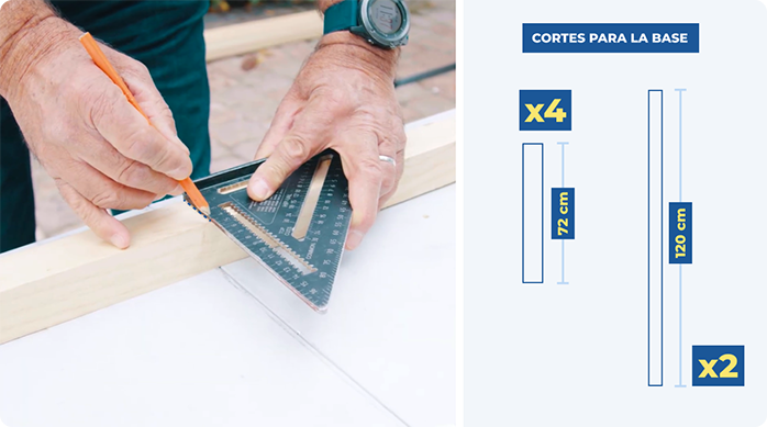 una persona marca un corte en un palo de pino seco cepillado de 2 x 2".