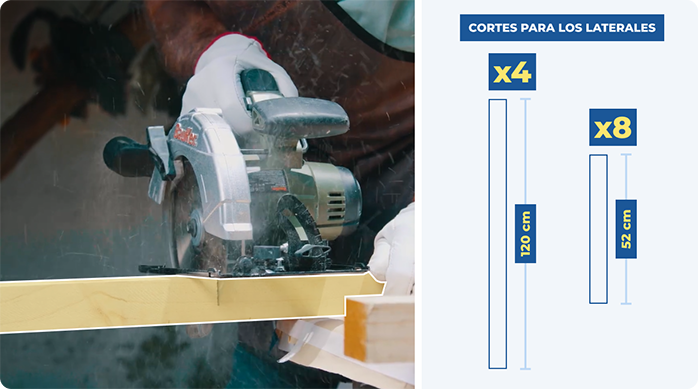 una persona corta un trozo de pino seco cepillado con una sierra circular.