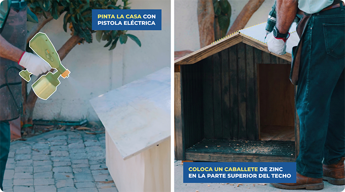 un hombre aplica stain lasur con una pistola para pintar y da los toques finales a la casa para perro.