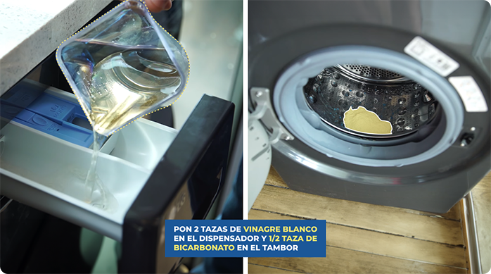 una persona añade 2 tazas de vinagre blanco en el dispensador de detergente de una lavadora y 1/2 taza de bicarbonato en el tambor.