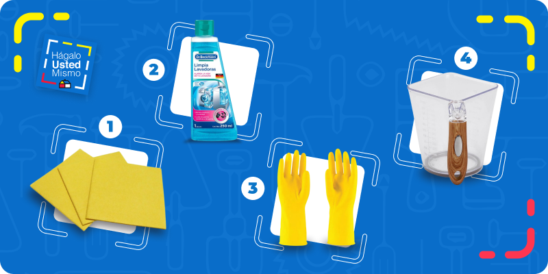 selección de productos para hacer la mantención de una lavadora: paños, líquido limpiador para lavadoras, guantes amarillas de aseo y jarra medidora.