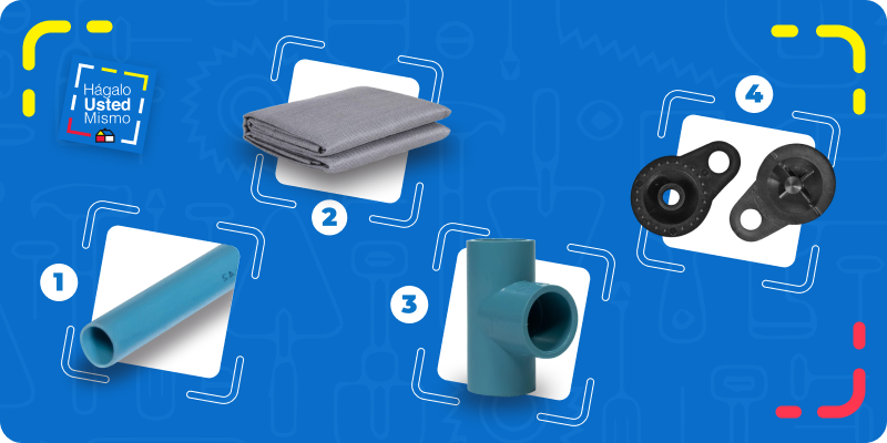 selección de productos para hacer un toldo con tubos de PVC: tubos de PVC, malla sombreadora, T de PVC y broches para malla raschel.