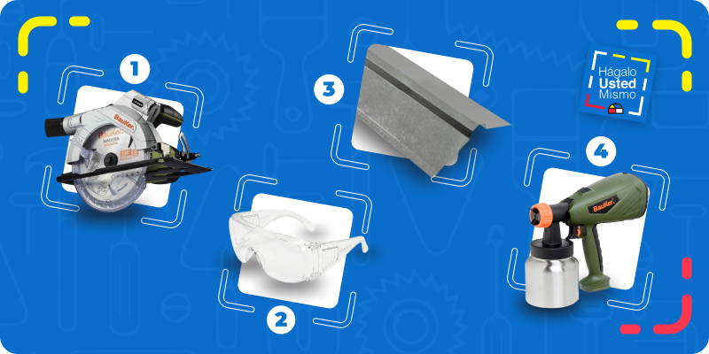 selección de productos para construir una casa para perro: sierra circular, lentes de seguridad, trozo de zinc y pistola para pintar.