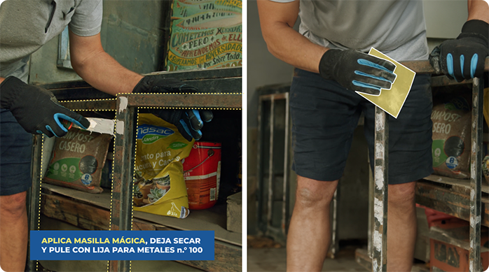 un hombre aplica masilla mágica en las puertas de un quincho y luego las lija con una lija para metales.
