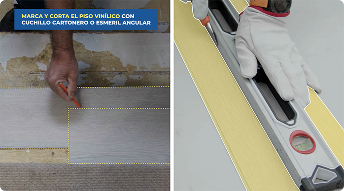 una persona mide y corta una palmeta de piso vinílico con un cuchillo cartonero.