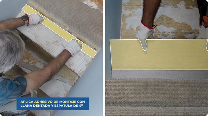 un hombre pega las palmetas de piso vinílico en la escalera con adhesivo de montaje, llana dentada y espátula.
