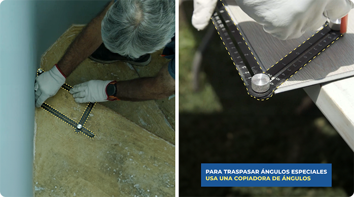 un hombre usa una copiadora de ángulos para copiar un ángulo del peldaño de la escalera y traspasarlo a una palmeta de piso vinílico.