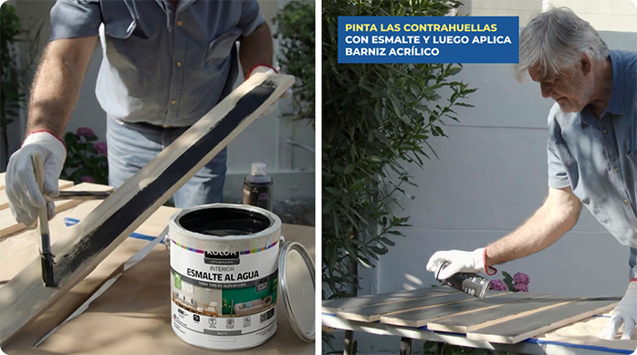 un hombre pinta trozos de pino radiata con esmalte al agua y luego les aplica barniz acrílico.