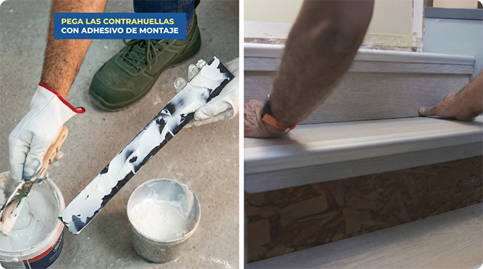 una persona aplica adhesivo de montaje en una contrahuella y luego la pega en el peldaño de la escalera.