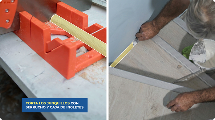 una persona corta junquillos con una caja de ingletes.